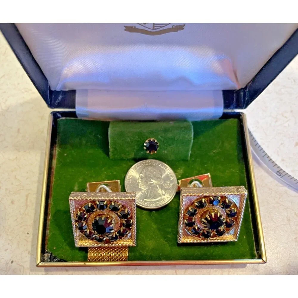 Vintage Men's Gold Black Crystal Cufflinks Tie Pin Box